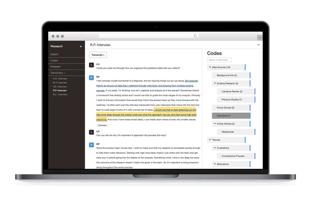 Delve qualitative analysis tool showing a coded interview transcript and codebook