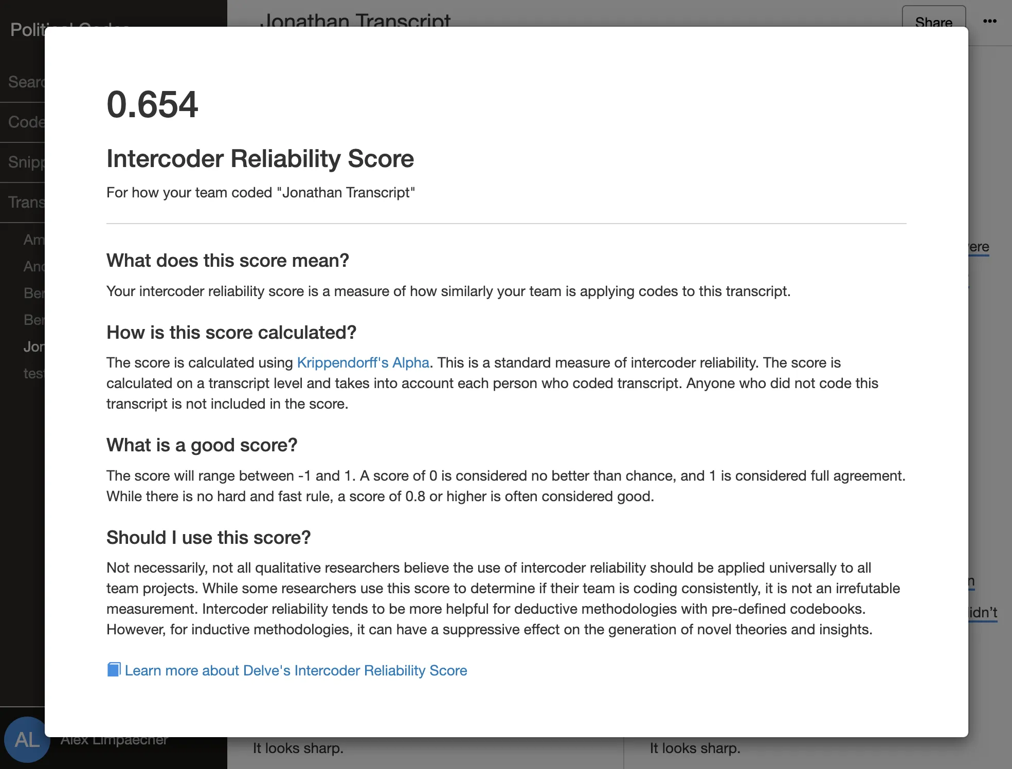 Delve intercoder agreement screen