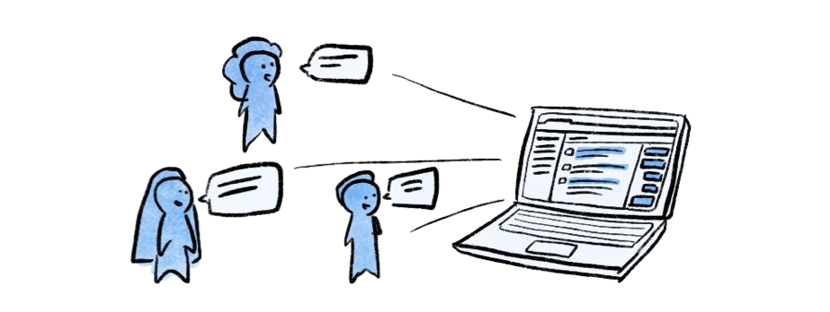 Illustration of multiple speakers' audio being transcribed into text on a laptop