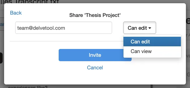 Screenshot of project sharing interface in Delve