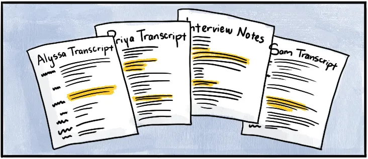 Thematic analysis illustration — researcher with highlighter and transcripts