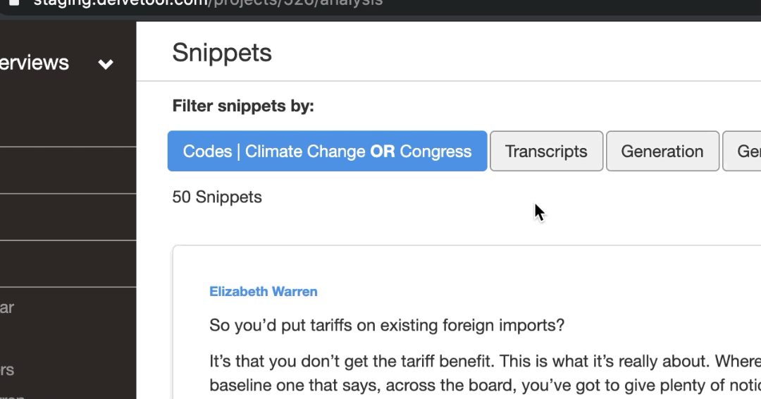 Filtering overlapping codes in Delve