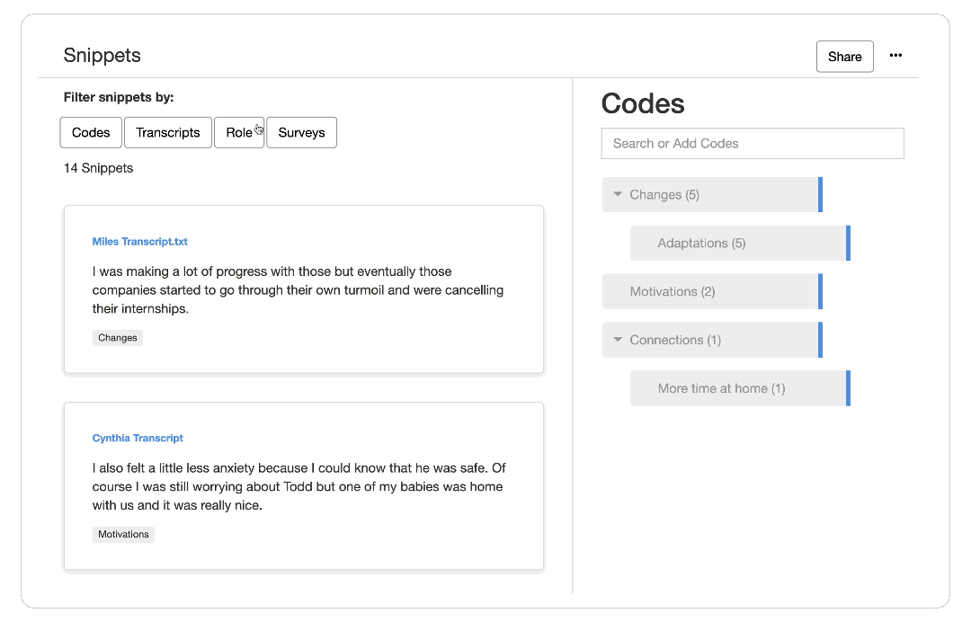Filtering and sorting codes in Delve