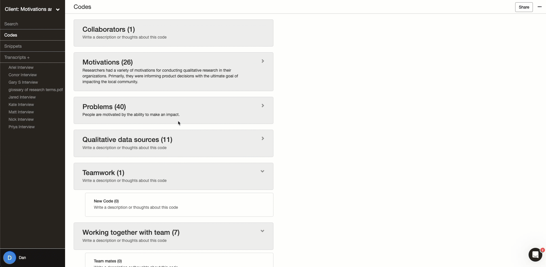 Adding analytical memos in Delve