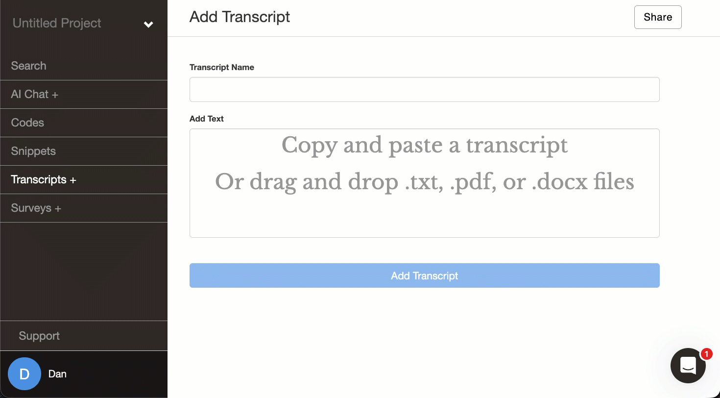 Screenshot showing Delve interface for coding transcripts
